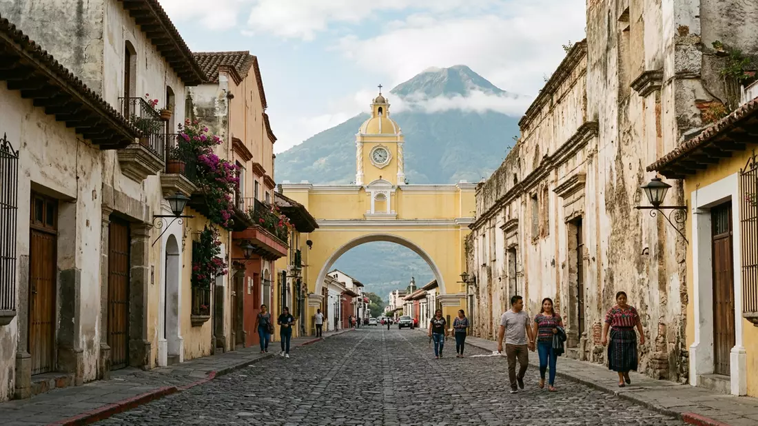 Editorial-Reisemagazinbild vom Wahrzeichen Arco de Santa Catalina in Antigua Guatemala, Guat…