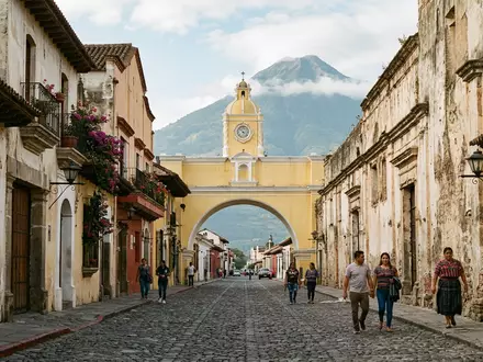 Editorialbild im Reisemagazin-Stil vom Wahrzeichen Arco de Santa Catalina in Antigua Guatemala Guatemala, ausgewogene Bildgestaltung - Foto: THN