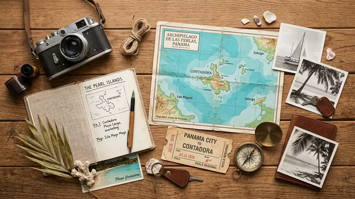 Flatlay-Reise-Arrangement rund um Pearl Islands in Contadora, Panama