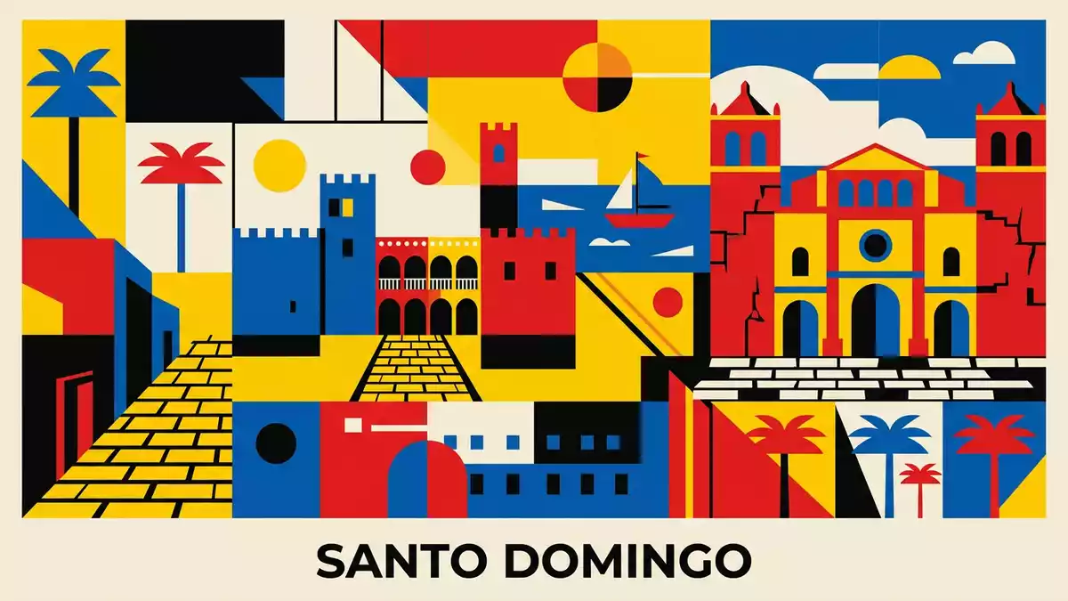 Bauhaus-Poster als Abstraktion von Altstadt Santo Domingo in Santo Domingo, Dominikanische R…