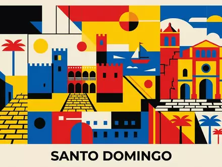 Bauhaus-Poster als geometrische Abstraktion von Altstadt Santo Domingo in Santo Domingo Dominikanische Republik, kraeftige Grundfarben - Foto: THN