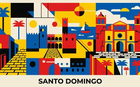 Bauhaus-Poster als geometrische Abstraktion von Altstadt Santo Domingo in Santo Domingo Dominikanische Republik, kraeftige Grundfarben - Foto: THN