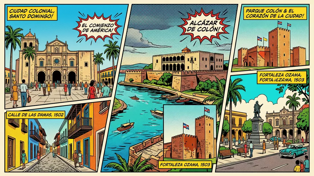 Pop-Art-Comic von Altstadt Santo Domingo in Santo Domingo, Dominikanische Republik mit Raste…