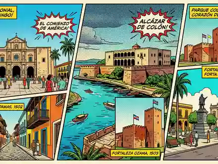 Pop-Art-Comicillustration des Wahrzeichens Altstadt Santo Domingo in Santo Domingo Dominikanische Republik, kraeftige Konturen Rasterpunkte und - Foto: THN