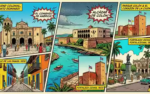 Pop-Art-Comicillustration des Wahrzeichens Altstadt Santo Domingo in Santo Domingo Dominikanische Republik, kraeftige Konturen Rasterpunkte und - Foto: THN