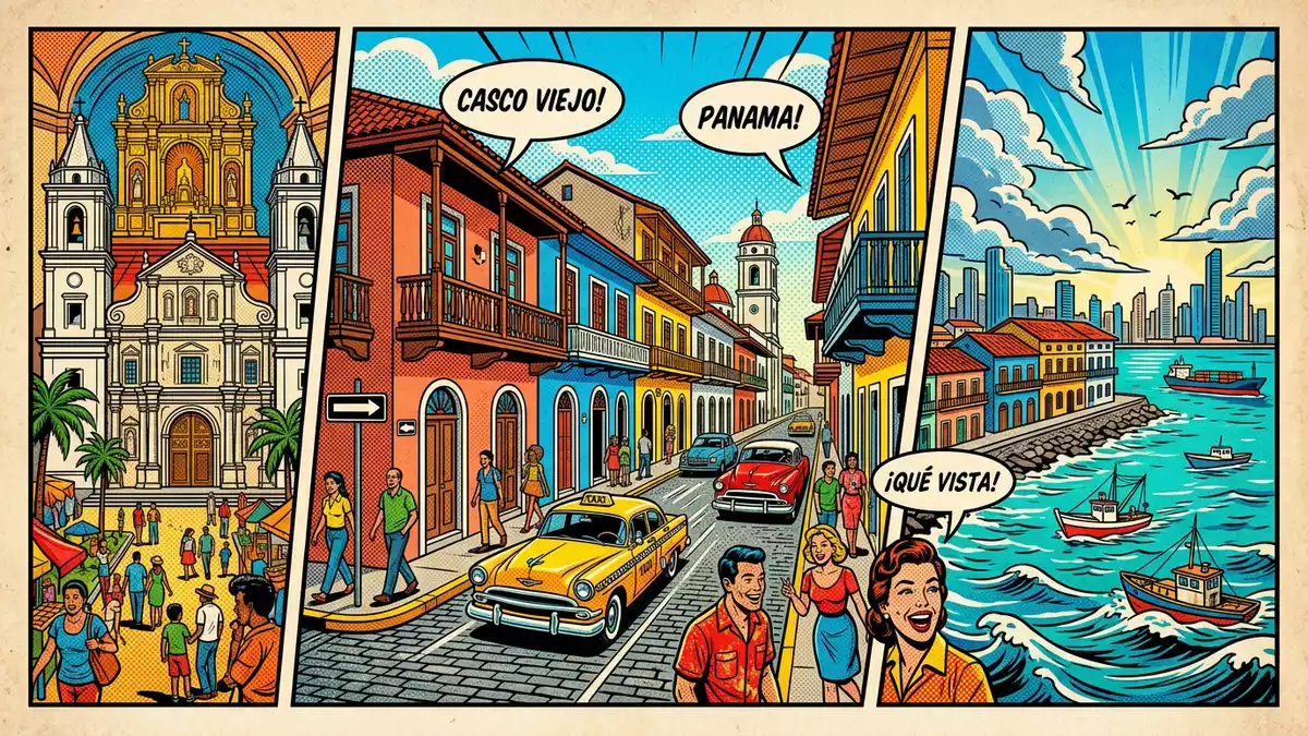 Pop-Art-Comic von Casco Viejo Panama in Panama-Stadt, Panama mit Rasterpunkten