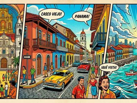 Pop-Art-Comicillustration des Wahrzeichens Casco Viejo Panama in Panama-Stadt Panama, kraeftige Konturen Rasterpunkte und satte Farben - Foto: THN