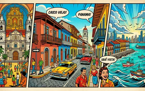 Pop-Art-Comicillustration des Wahrzeichens Casco Viejo Panama in Panama-Stadt Panama, kraeftige Konturen Rasterpunkte und satte Farben - Foto: THN