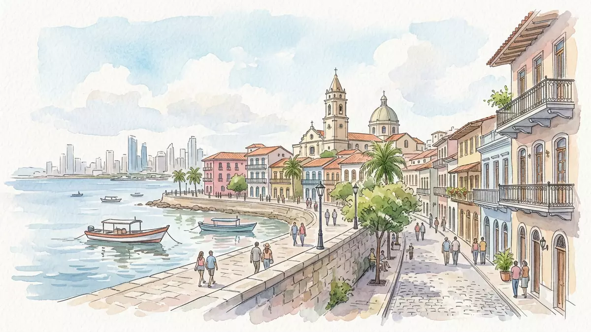 Aquarell-Illustration von Casco Viejo Panama in Panama-Stadt, Panama als Reiseposter