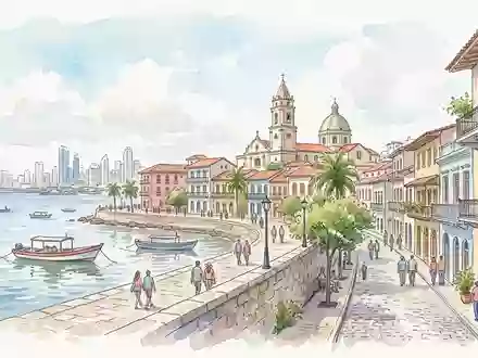 Aquarellillustration des Wahrzeichens Casco Viejo Panama in Panama-Stadt Panama, weiche Farbverläufe und pastelliges Reiseposter-Feeling - Foto: THN