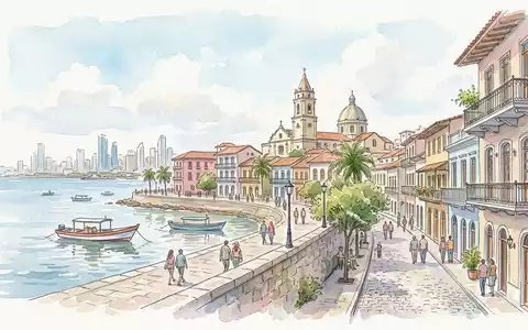 Aquarellillustration des Wahrzeichens Casco Viejo Panama in Panama-Stadt Panama, weiche Farbverläufe und pastelliges Reiseposter-Feeling - Foto: THN
