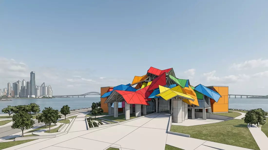 Architektur-Render von Biomuseo Panama in Panama-Stadt, Panama bei Tageslicht