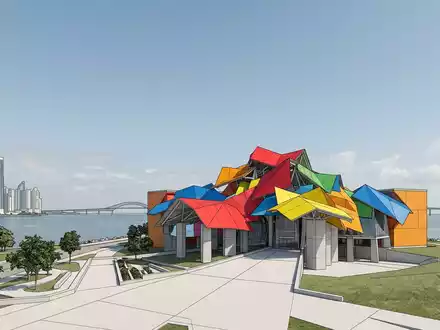 Moderner Architektur-Render zeigt Silhouette von Biomuseo Panama in Panama-Stadt Panama, klare Linien und neutrales Tageslicht - Foto: THN