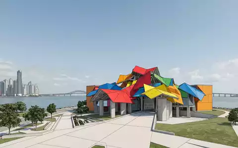 Moderner Architektur-Render zeigt Silhouette von Biomuseo Panama in Panama-Stadt Panama, klare Linien und neutrales Tageslicht - Foto: THN