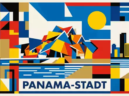 Bauhaus-Poster als geometrische Abstraktion von Biomuseo Panama in Panama-Stadt Panama, kraeftige Grundfarben und harte Formkanten - Foto: THN