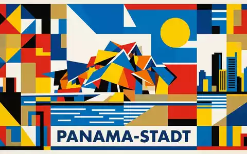 Bauhaus-Poster als geometrische Abstraktion von Biomuseo Panama in Panama-Stadt Panama, kraeftige Grundfarben und harte Formkanten - Foto: THN
