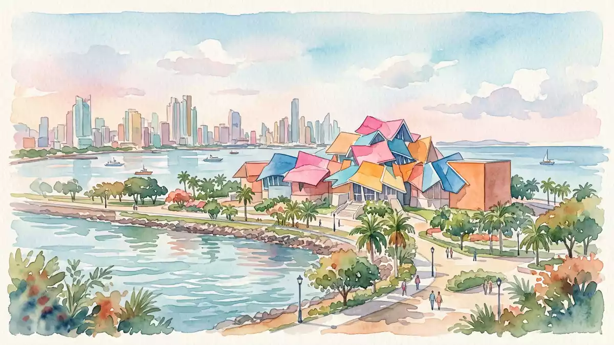 Aquarell-Illustration von Biomuseo Panama in Panama-Stadt, Panama als Reiseposter