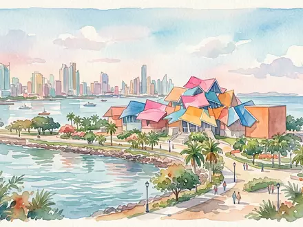 Aquarellillustration des Wahrzeichens Biomuseo Panama in Panama-Stadt Panama, weiche Farbverläufe und pastelliges Reiseposter-Feeling - Foto: THN