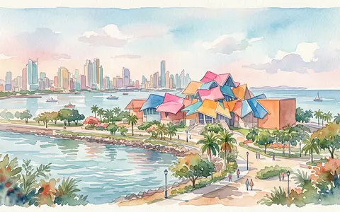 Aquarellillustration des Wahrzeichens Biomuseo Panama in Panama-Stadt Panama, weiche Farbverläufe und pastelliges Reiseposter-Feeling - Foto: THN