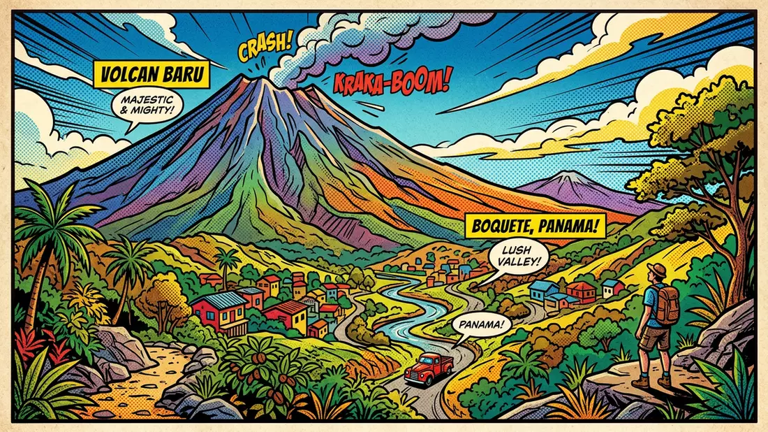 Pop-Art-Comic von Vulkan Baru in Boquete, Panama mit Rasterpunkten