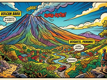 Pop-Art-Comicillustration des Wahrzeichens Vulkan Baru in Boquete Panama, kraeftige Konturen Rasterpunkte und satte Farben - Foto: THN