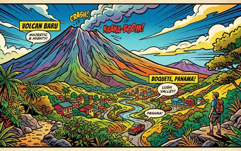 Pop-Art-Comicillustration des Wahrzeichens Vulkan Baru in Boquete Panama, kraeftige Konturen Rasterpunkte und satte Farben - Foto: THN