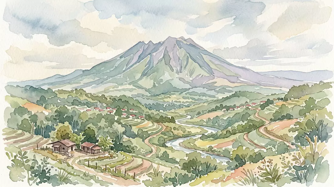 Aquarell-Illustration von Vulkan Baru in Boquete, Panama als Reiseposter