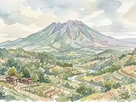 Aquarellillustration des Wahrzeichens Vulkan Baru in Boquete Panama, weiche Farbverläufe und pastelliges Reiseposter-Feeling - Foto: THN