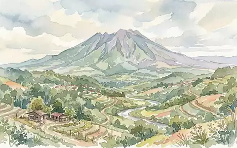 Aquarellillustration des Wahrzeichens Vulkan Baru in Boquete Panama, weiche Farbverläufe und pastelliges Reiseposter-Feeling - Foto: THN