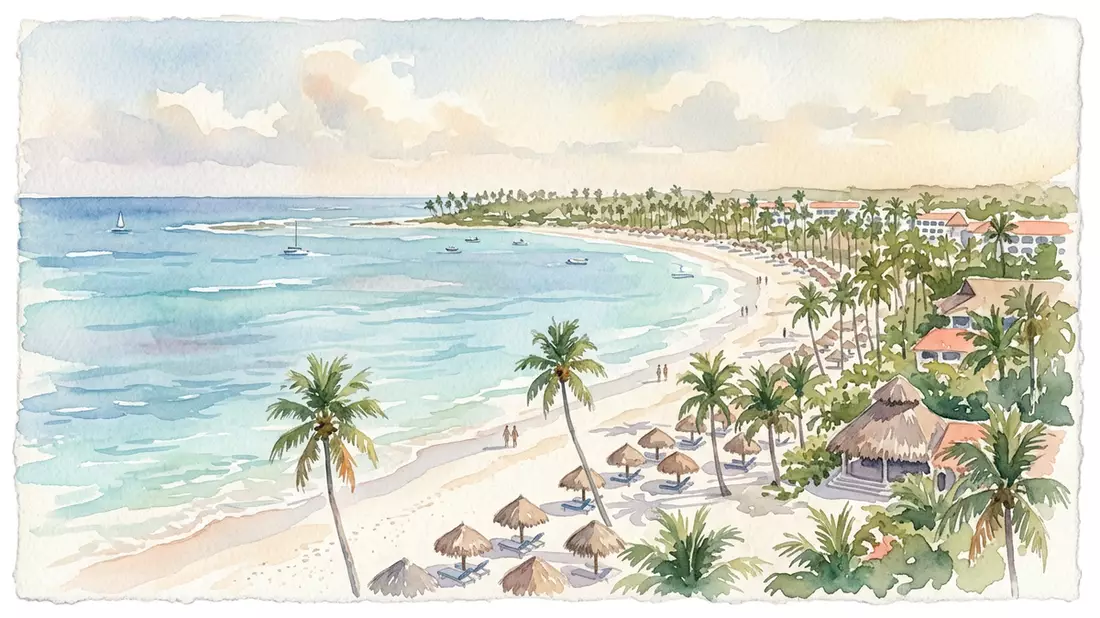 Aquarell-Illustration von Punta Cana Strand in Punta Cana, Dominikanische Republik als Reise…