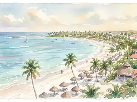 Aquarellillustration des Wahrzeichens Punta Cana Strand in Punta Cana Dominikanische Republik, weiche Farbverläufe und pastelliges - Foto: THN