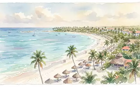 Aquarellillustration des Wahrzeichens Punta Cana Strand in Punta Cana Dominikanische Republik, weiche Farbverläufe und pastelliges - Foto: THN