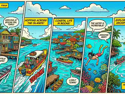 Pop-Art-Comicillustration des Wahrzeichens Bocas del Toro in Bocas del Toro Panama, kraeftige Konturen Rasterpunkte und - Foto: THN