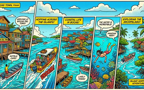 Pop-Art-Comicillustration des Wahrzeichens Bocas del Toro in Bocas del Toro Panama, kraeftige Konturen Rasterpunkte und - Foto: THN