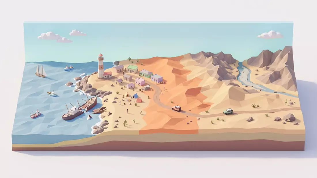 Isometrisches Diorama von Skeleton Coast in Torra Bay, Namibia in Pastell