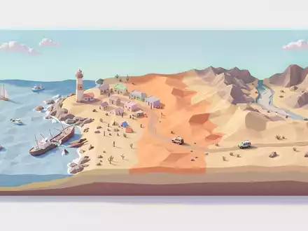 Isometrisches Diorama von Skeleton Coast und Umgebung in Torra Bay Namibia, verspielte Low-Poly-Kulisse in Pastellfarben - Foto: THN