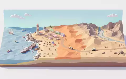 Isometrisches Diorama von Skeleton Coast und Umgebung in Torra Bay Namibia, verspielte Low-Poly-Kulisse in Pastellfarben - Foto: THN