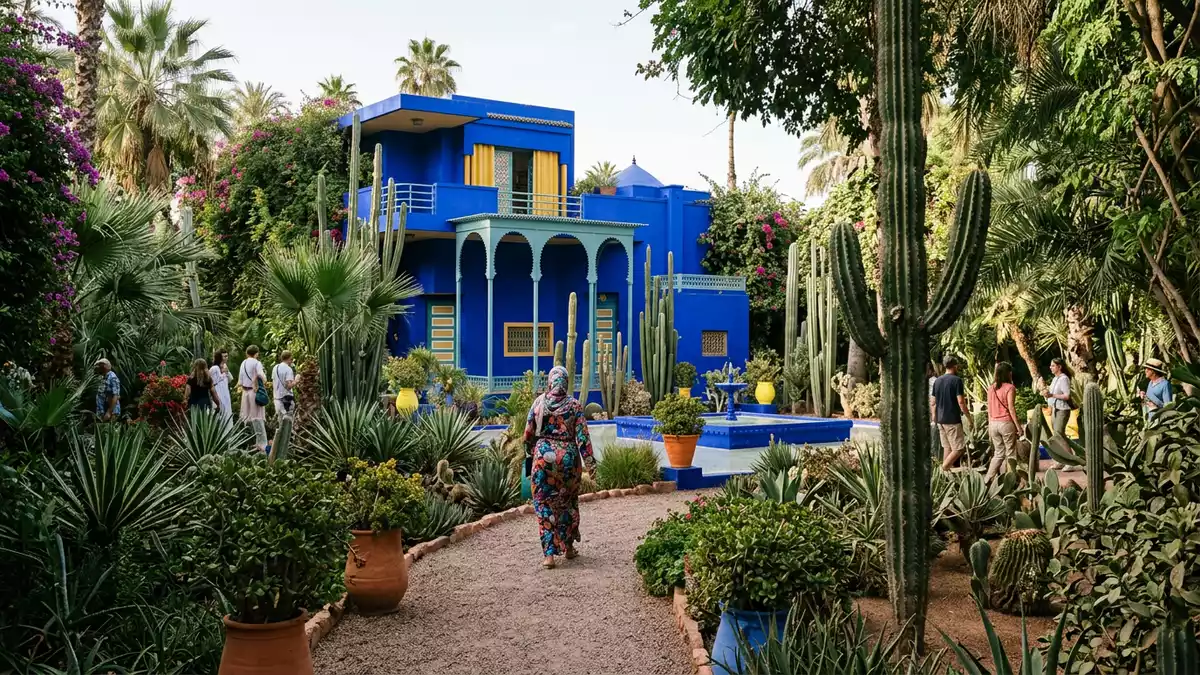 Editorial-Reisemagazinbild vom Wahrzeichen Jardin Majorelle in Marrakesch, Marokko