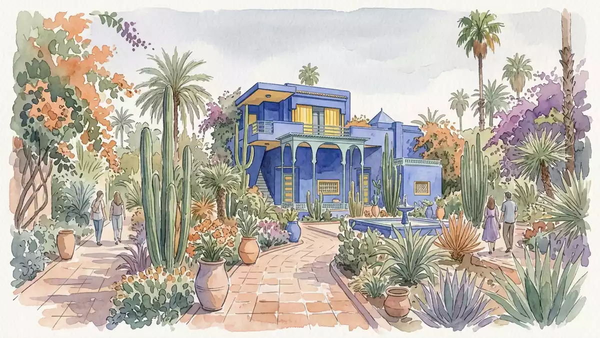 Aquarell-Illustration von Jardin Majorelle in Marrakesch, Marokko als Reiseposter