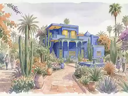 Aquarellillustration des Wahrzeichens Jardin Majorelle in Marrakesch Marokko, weiche Farbverläufe und pastelliges Reiseposter-Feeling - Foto: THN