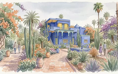 Aquarellillustration des Wahrzeichens Jardin Majorelle in Marrakesch Marokko, weiche Farbverläufe und pastelliges Reiseposter-Feeling - Foto: THN