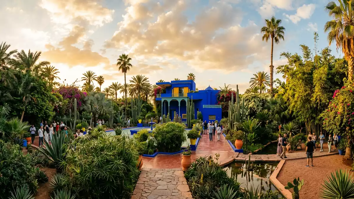 Fotorealistische Ansicht von Jardin Majorelle in Marrakesch, Marokko im Abendlicht
