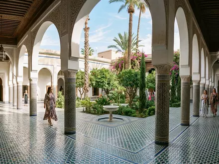 Editorialbild im Reisemagazin-Stil vom Wahrzeichen Bahia-Palast in Marrakesch Marokko, ausgewogene Bildgestaltung und natuerliches Umgebungslicht - Foto: THN