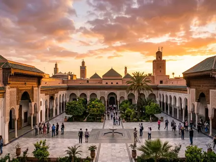 Fotorealistische Panoramaaufnahme von Bahia-Palast in Marrakesch Marokko, warmes Abendlicht auf Wahrzeichen im Reisemotiv - Foto: THN
