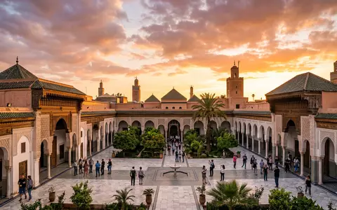 Fotorealistische Panoramaaufnahme von Bahia-Palast in Marrakesch Marokko, warmes Abendlicht auf Wahrzeichen im Reisemotiv - Foto: THN