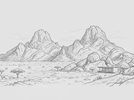 Moderner Architektur-Render zeigt Silhouette von Spitzkoppe in Usakos Namibia, klare Linien und neutrales Tageslicht - Foto: THN