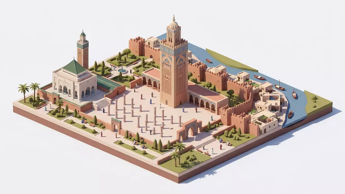 Isometrisches Diorama von Hassan-Turm in Rabat, Marokko in Pastell