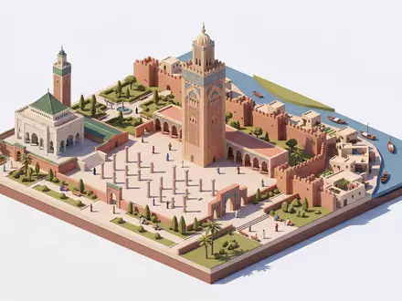 Isometrisches Diorama von Hassan-Turm und Umgebung in Rabat Marokko, verspielte Low-Poly-Kulisse in Pastellfarben - Foto: THN