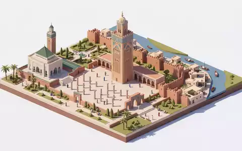 Isometrisches Diorama von Hassan-Turm und Umgebung in Rabat Marokko, verspielte Low-Poly-Kulisse in Pastellfarben - Foto: THN
