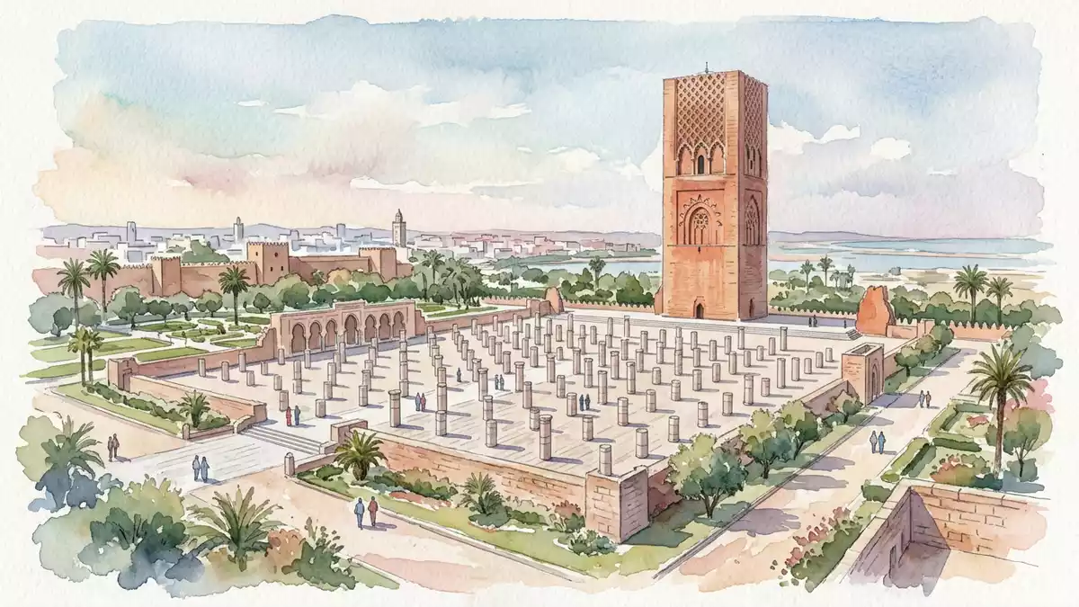 Aquarell-Illustration von Hassan-Turm in Rabat, Marokko als Reiseposter